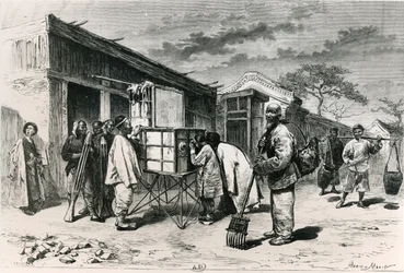 Ein Diorama auf einer Straße in Peking, 1873